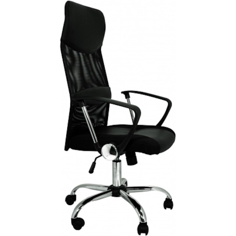 Silla de oficina con asiento símil piel, respaldo mixto con rejilla transpirable.
