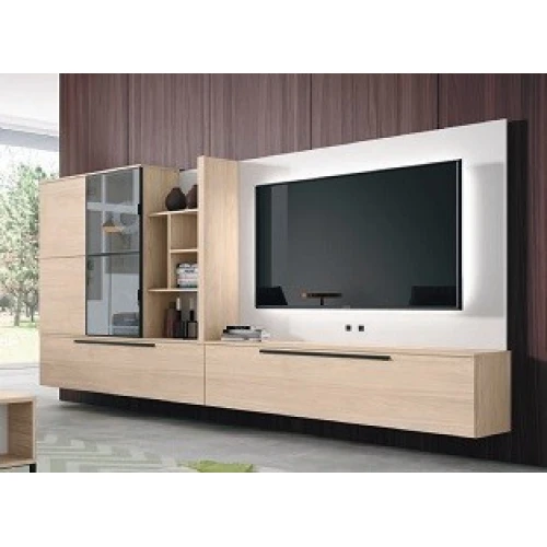 Salón en blanco mate y nude panel TV iluminado