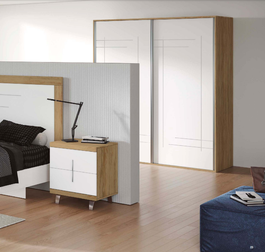 Dormitorio completo con armario en blanco y roble