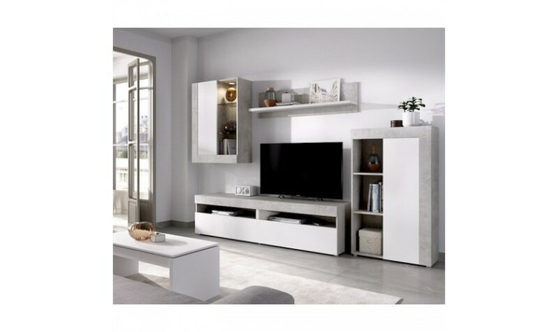 Mueble de comedor + vitrina + leds blanco/cemento