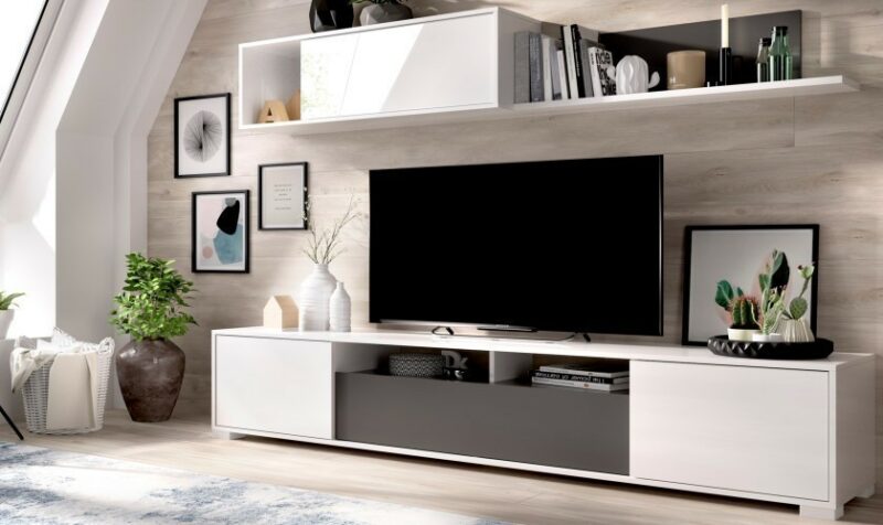Mueble de comedor con estanterías ancho 200 cm blanco brillo/grafito