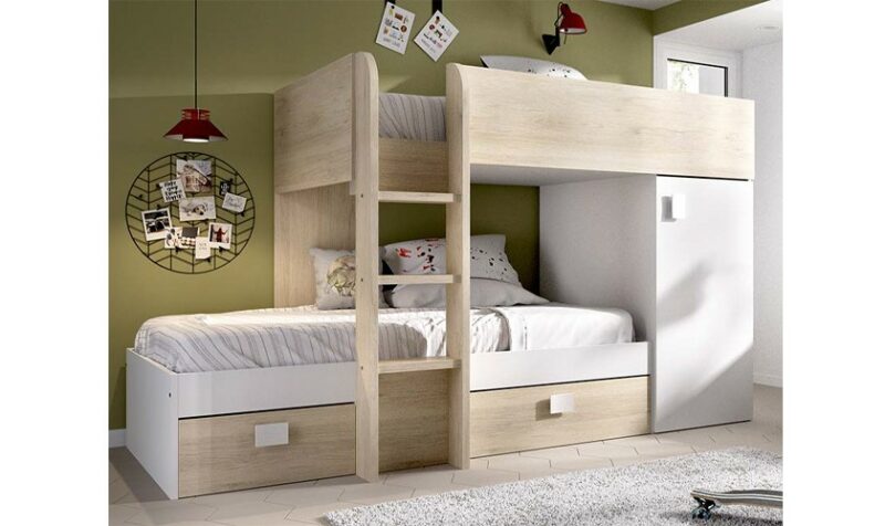 Cama tren para niño color natural detalles en blanco