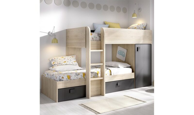 Cama tren para niño color natural detalles en blanco - Imagen 2