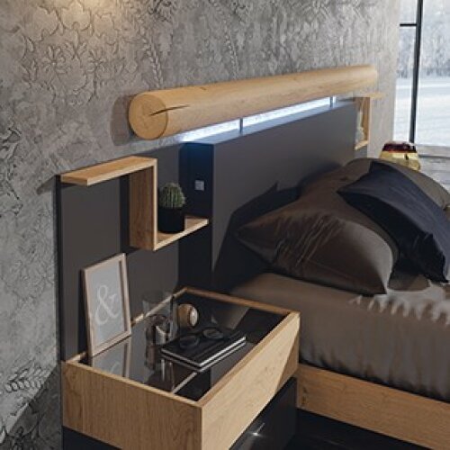 Dormitorio completo formado en color madera iron con acabados en negro  bocamina