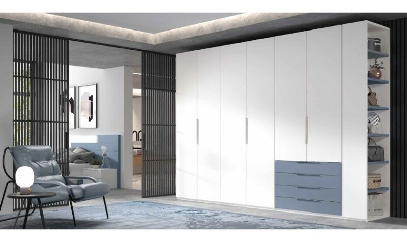 Armario 6 puertas madera color blanco polar + cajonera azul cobalto