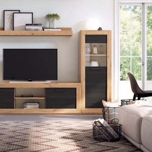 Conjunto de muebles de salón con mesa elevable en madera natural y negro
