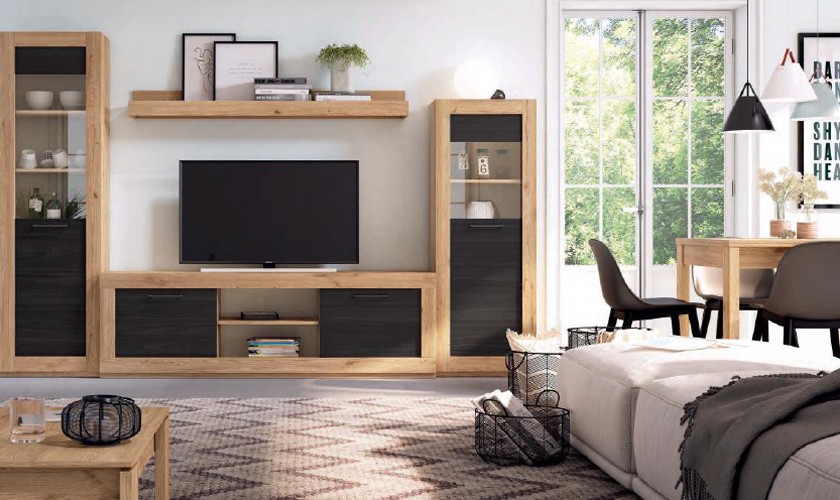 Conjunto de muebles de salón con mesa elevable en madera natural y negro