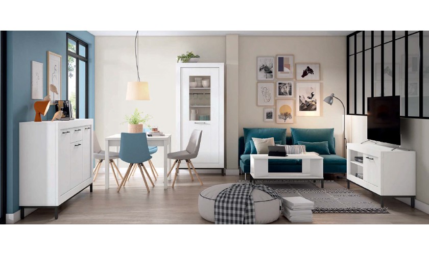 Conjunto de muebles de salón completo en color madera blanco mate