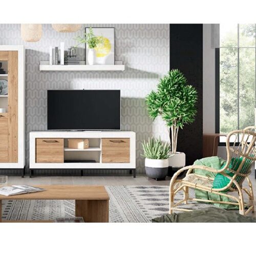 Conjunto de muebles de salón completo blanco mate acabados madera natural