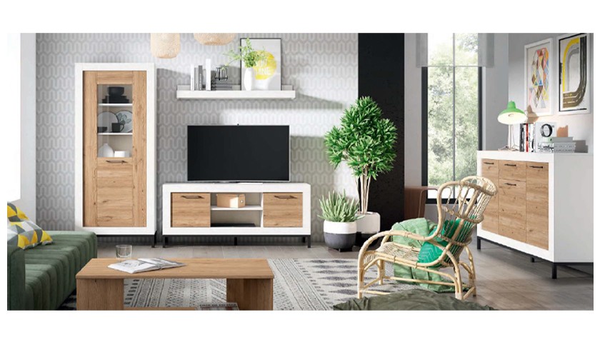 Conjunto de muebles de salón completo blanco mate acabados madera natural