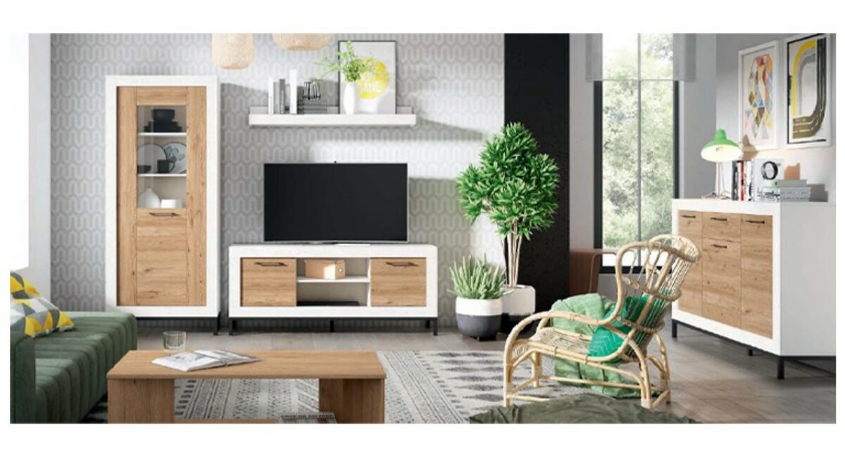 Conjunto de muebles de salón completo en color madera blanca mate en Nattex