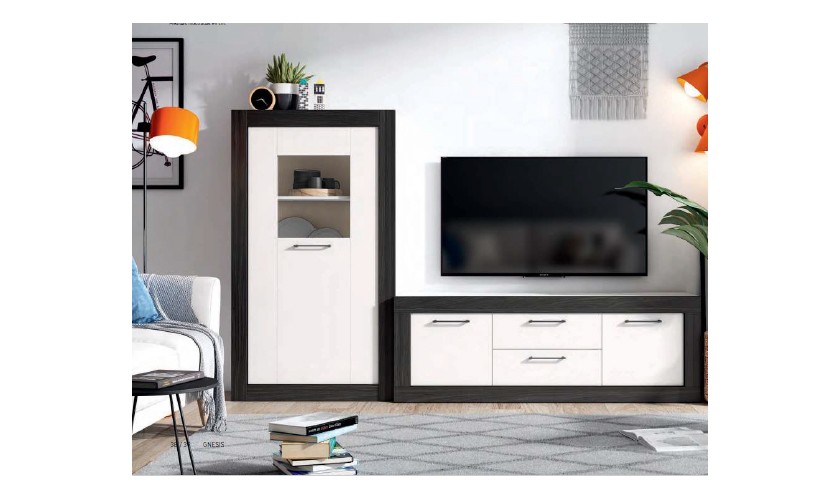 Conjunto muebles de salón color blanco mate acabados negro bocamina