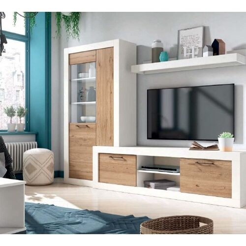 Vitrina + galería + mesa de centro + barra led para salón blanco mate y madera natural