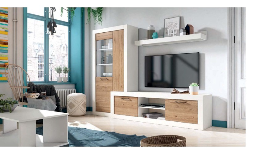 Vitrina + galería + mesa de centro + barra led para salón blanco mate y madera natural
