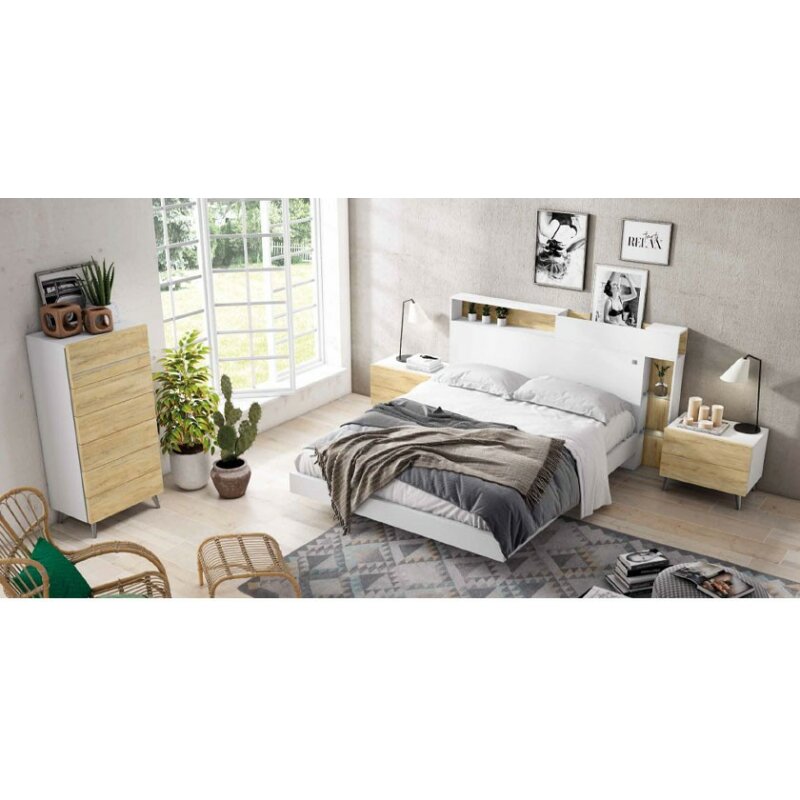 Dormitorio matrimonio blanco y gris cabecero y mesitas moderno-nordico