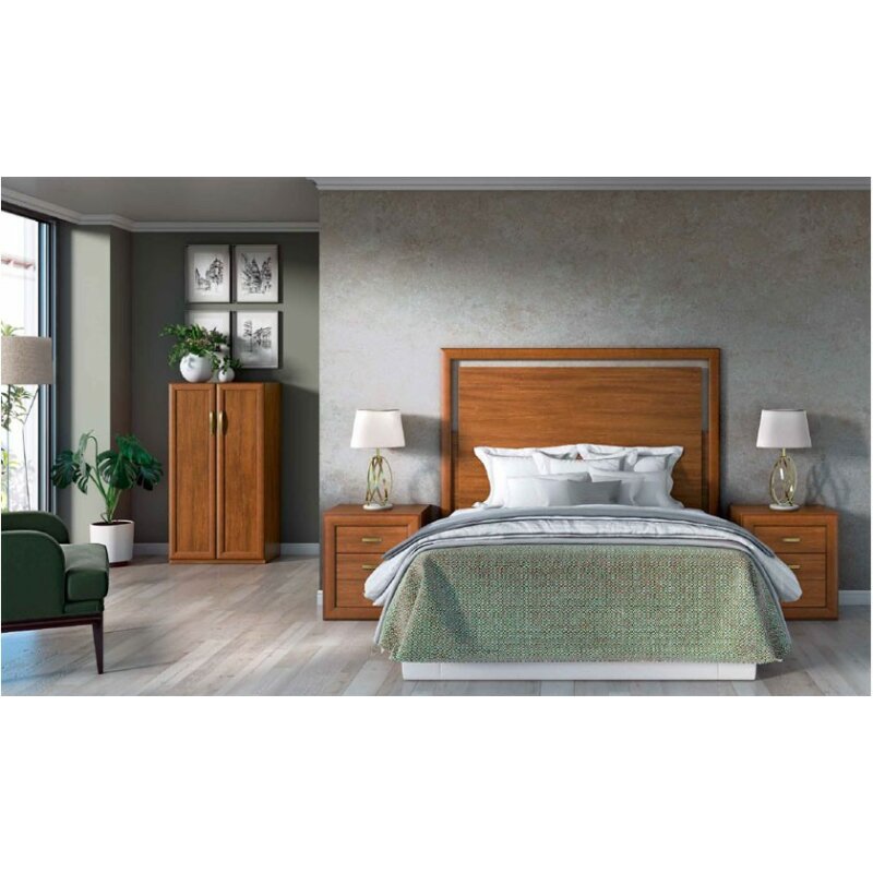 Dormitorio cama 135 con cabecero dos mesitas + armario color madera nogal - Hermógenes