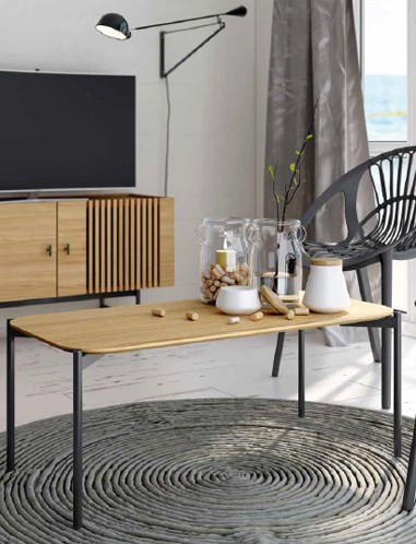 Mesa de centro rectangular roble + patas metálicas negras