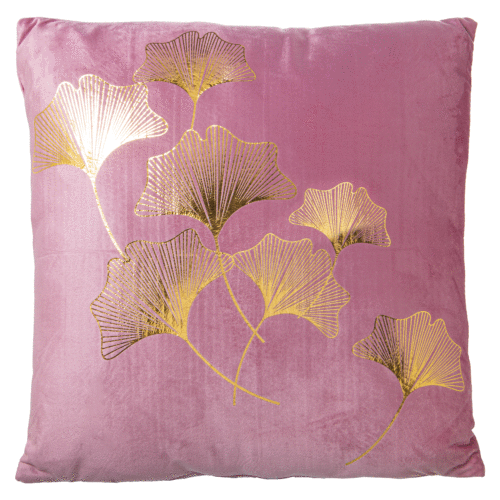 Cojín 45x45 cm terciopelo rosa flor dorada