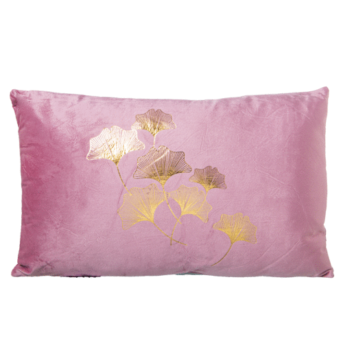 Cojín 50x45 cm terciopelo rosa flores doradas