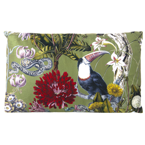 Cojín 50x30 cm verde pelicano y flores