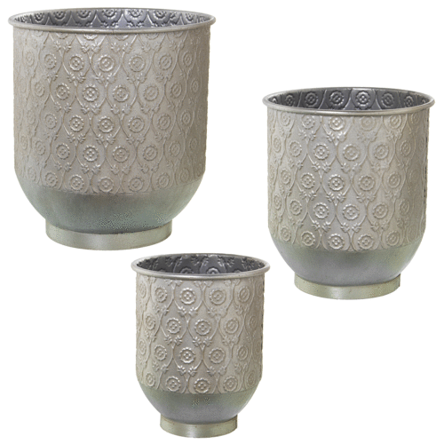 Set de 3 maceteros metálicos plateado diseño floral