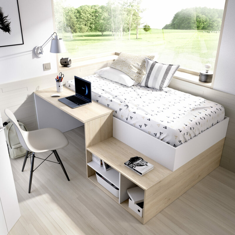 Cama compacta blanca + escritorio natural