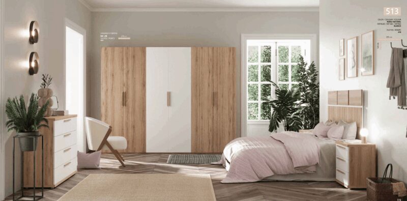 Dormitorio en color roble natural y blanco, con amplio armario