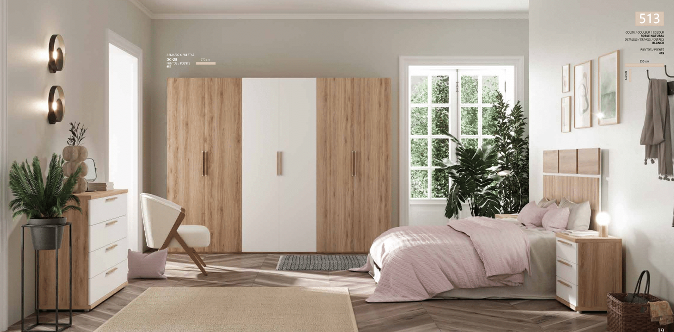 Dormitorio en color roble natural y blanco, con amplio armario - Hermógenes