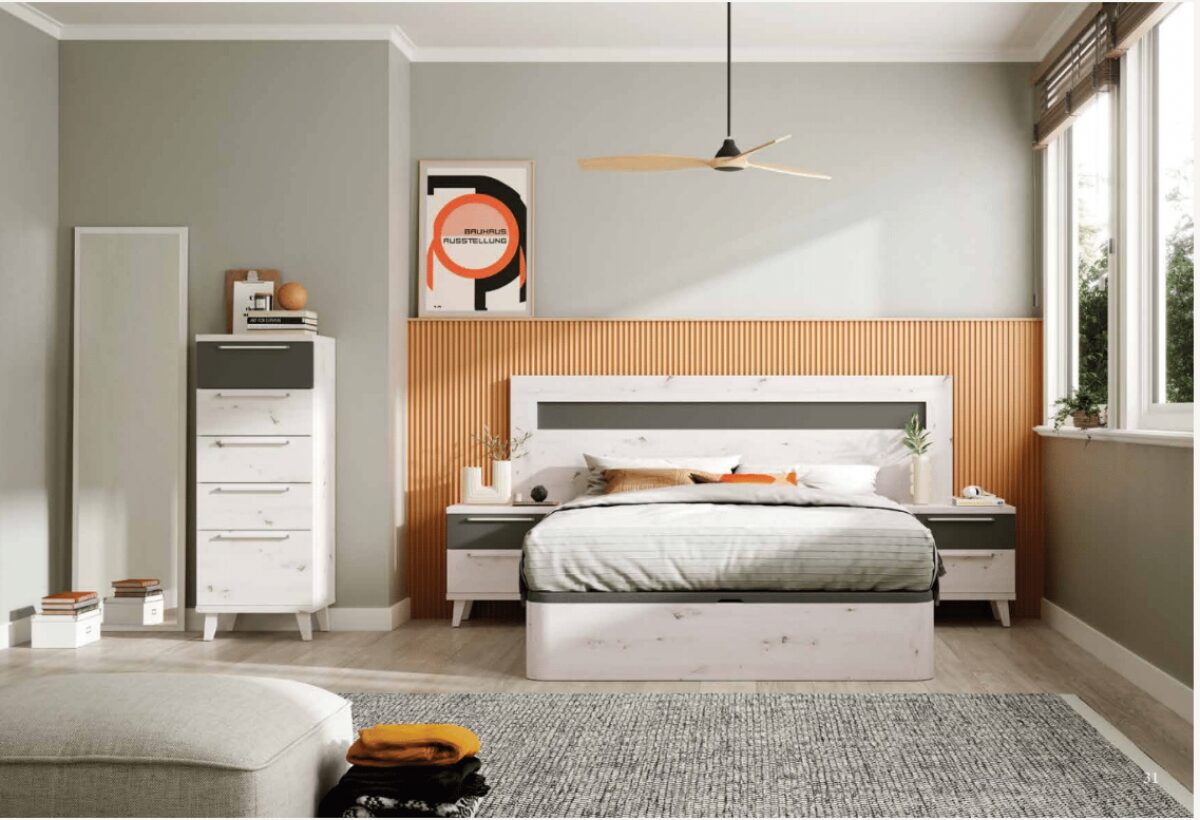 mueble-dormitorio -cama-mesita-espejo-comoda-madera-melamina-moderno-economico-blanco-roble- muebles-ramis-555-neo - Muebles Ramis