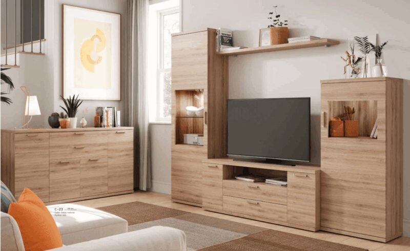 Mueble salón en roble natural para espacios reducidos