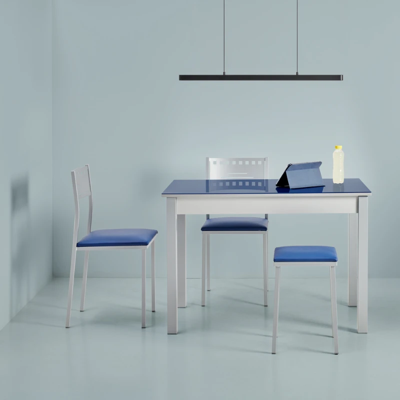 Pack de mesa extensible + 2 sillas + 2 taburetes de cocina plata/azul -  Hermógenes