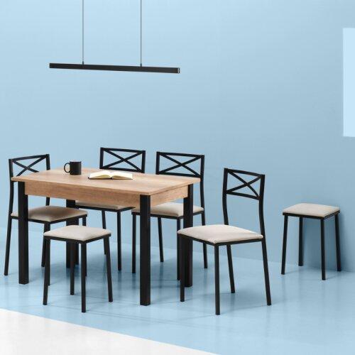 Pack mesa de cocina extensible + 4 sillas + 2 taburetes negro/arena
