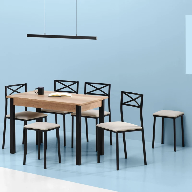 Pack mesa de cocina extensible + 4 sillas + 2 taburetes negro/arena -  Hermógenes