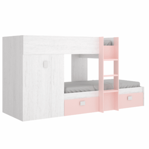 Cama tren natural/rosa con armario + 2 cajones