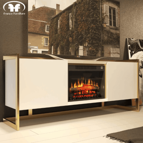 Mesa de TV blanca/dorada con chimenea integrada