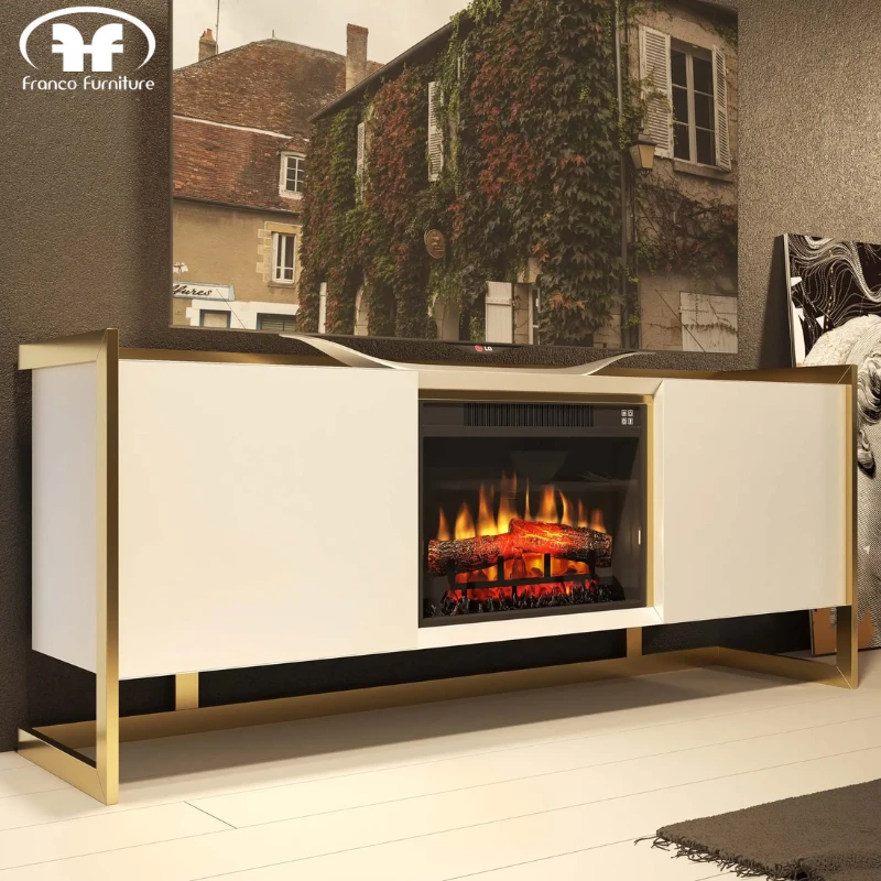Mesa de TV blanca/dorada con chimenea integrada