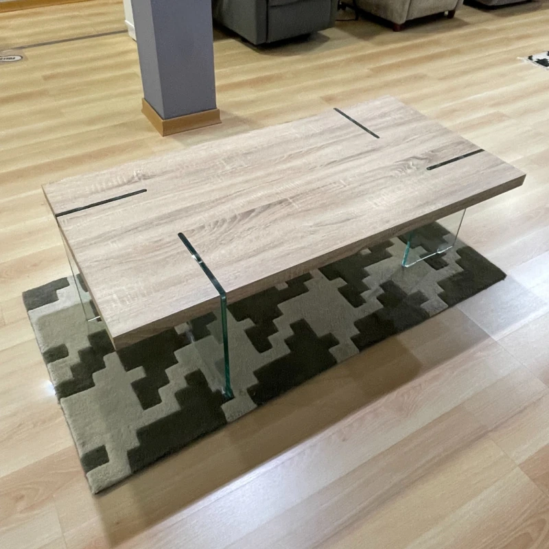 Mesa de centro con tapa de madera + patas de cristal outlet