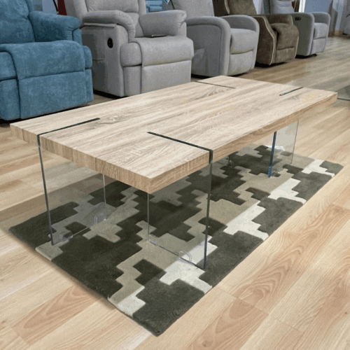 Mesa de centro con tapa de madera + patas de cristal outlet