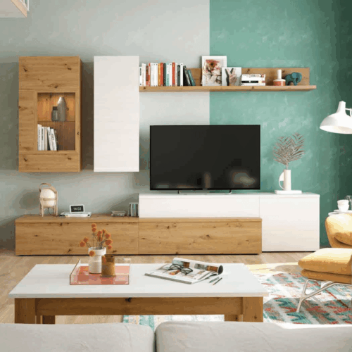 Composición de salón con mueble alto con cristal artisán/polar
