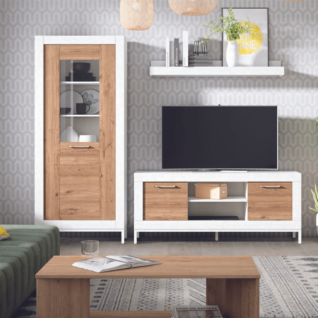 Mueble de salón blanco mate/naturale con vitrina