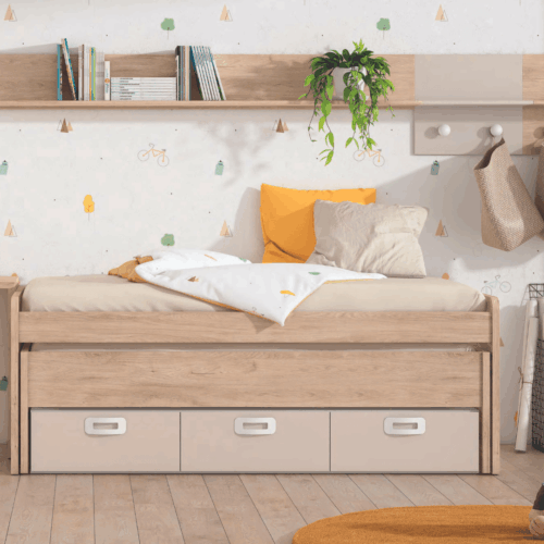 Cama compacta con cama oculta desplazable + 3 contenedores sahara/gris coco