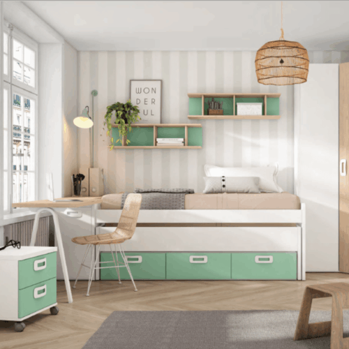 Cama compacta verde talco con desplazable oculta + 3 contenedores