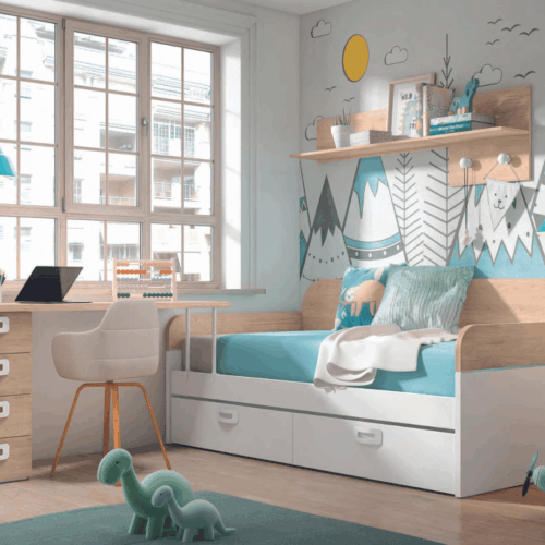 Cama nido compacta + 2 cajones con ruedas sahara/blanco mate