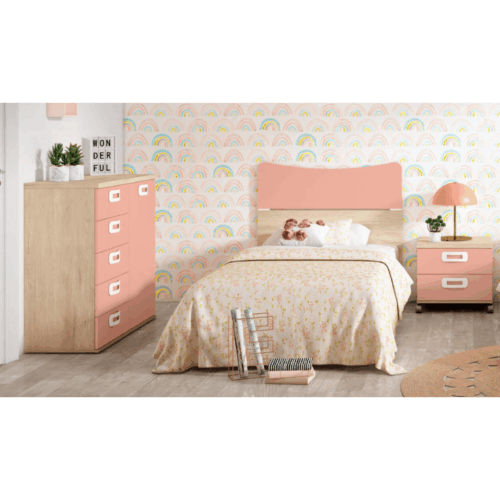 Cabezal sahara/rosa talco + mesita de noche + cómoda