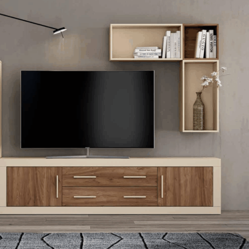 Composición de salón bajo TV + módulo de 3 puertas + alto y cubo colgado