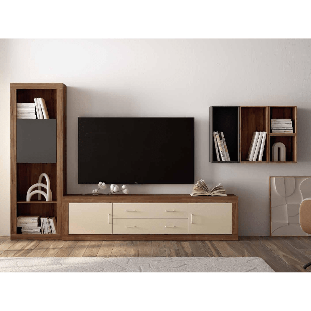 Composición de salón con mueble TV + módulo estantes + cubo colgado - Imagen 2
