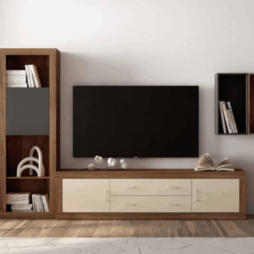 Composición de salón con mueble TV + módulo estantes + cubo colgado