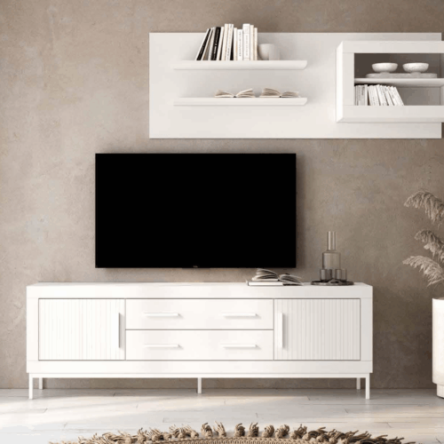 Composición de salón bajo TV + estantería + alto con puerta