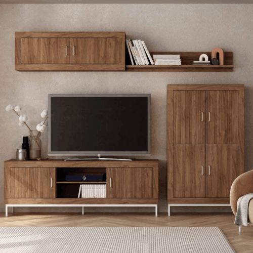 Composición de salón con bajo TV + módulo 4 puertas + estante con puertas