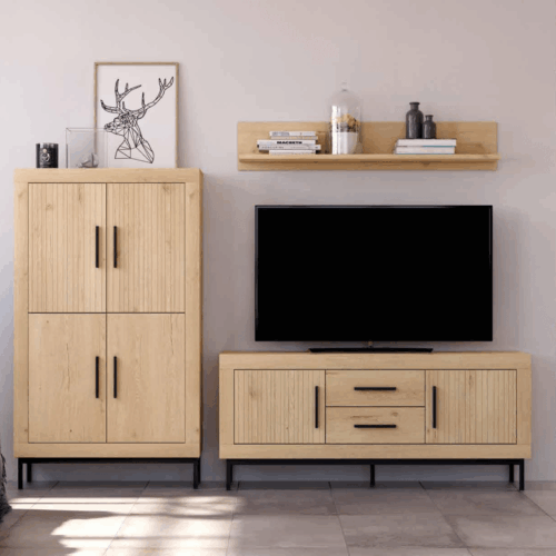 Composición de salón roble mueble TV + módulo 4 puertas + estante de pared